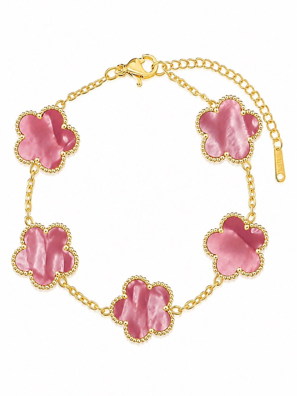 18K Gold Pink Clover Bracelet Mother of Pearl Flower Link Bracelet 6.5-8.5 Charm